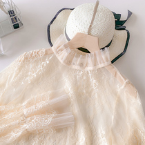 Semi-turtleneck lace bottoming shirt womens new transparent foreign style sand top lotus leaf mesh spring and autumn white gauze clothes