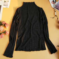 Fungus-edged half-turtleneck bottoming shirt womens spring and autumn thin section with Western style wild bright silk knitted plus velvet thickened top