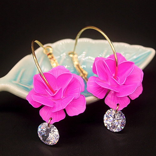 日韩甜美大花朵耳环锆石耳坠圈圈耳饰气质长款女士饰品大红色配饰