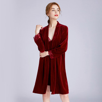 Golden velvet pajama women's autumn winter gown with two sui