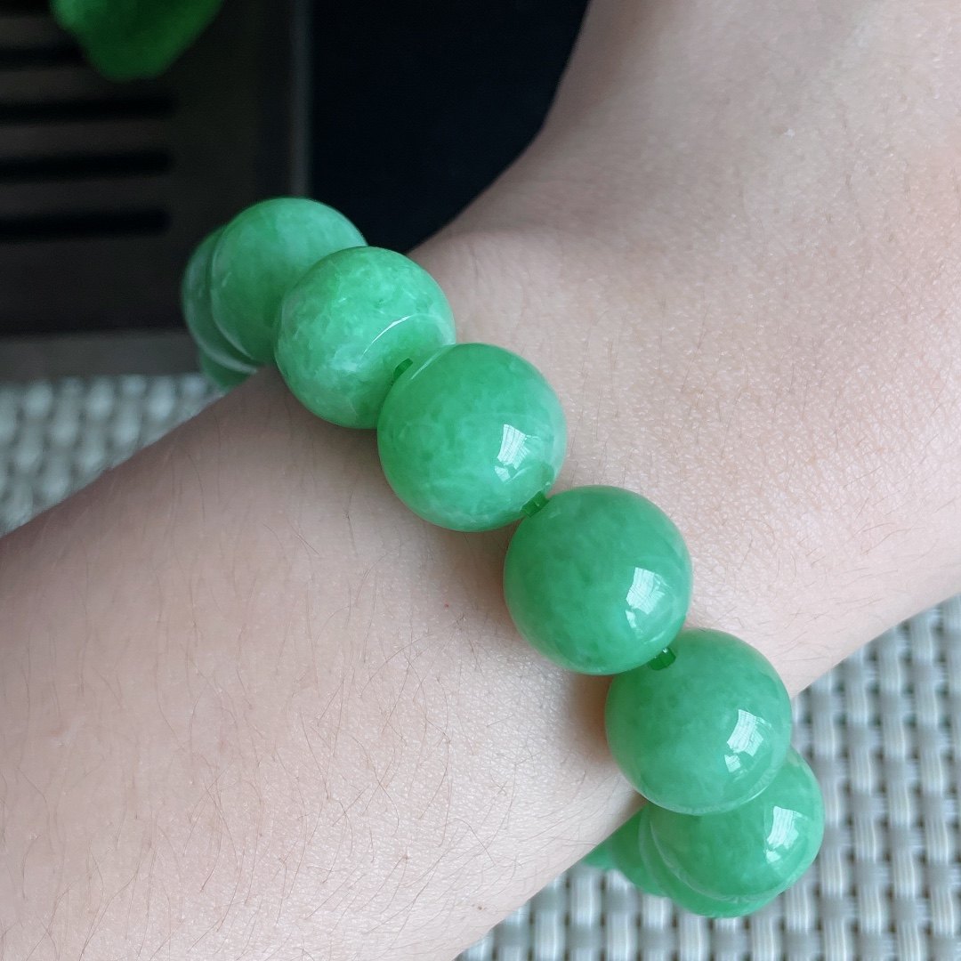 天然缅甸翡翠a货冰种满绿圆珠手串 手链手串项链男女款67.63g