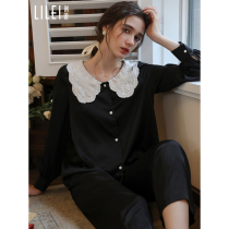 French embroidery lapel collar pajamas Womens Spring and Autumn long sleeve thin set court style retro loose ice silk home clothes