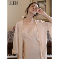 Pajamas female suspenders sexy spring and autumn two-piece French lace romantic long sleeve long thin summer ice silk nightgown
