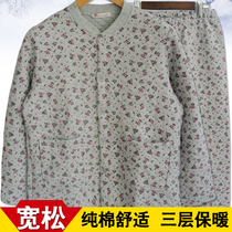 Womens cotton cardigan home clothing set for middle-aged and elderly people with three layers of thick cardigans and thread pants