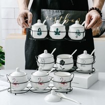 Ceramic seasoning jar Three sets Kitchen Supplies Seasoning box Home Salt Zoo seasoning jar Combined suit Spoon Rack