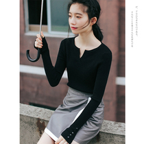 French gentle style knitted top women autumn and winter 2021 new black base shirt sweater inside slim hipster