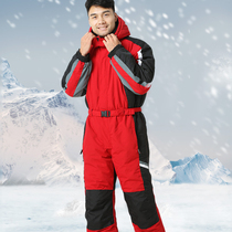 One-piece ski suit womens outdoor thickened warm cotton suit mens tide veneer waterproof large size ski pants