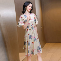 Fashion floral silk dress female long 2021 summer new elastic waist lotus leaf sleeve mulberry silk skirt