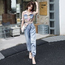 Denim tooling jumpsuit womens summer wear new short sleeve waist jumpsuit stitch pants casual jumpsuit pants
