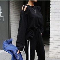 Spot Korean autumn women cotton casual hole shoulder two bar leggings slim slim suit