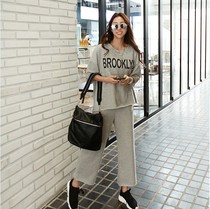 Special casual sports suit Korea spring and summer women's cotton letter printed loose T-shirt eight-point pants two-piece college