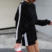 Special spot Korean spring and summer women's cotton three bars loose sweater shorts casual sports college running suit slim