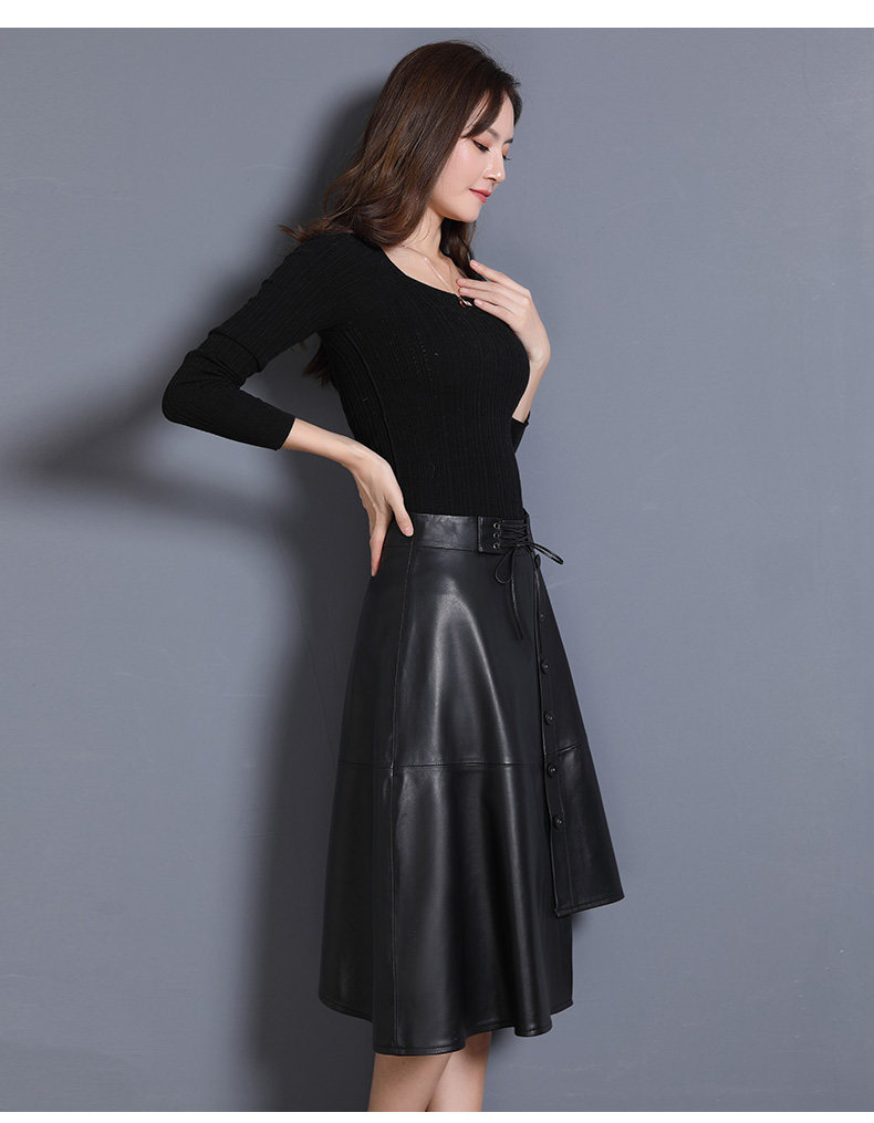 秋冬新款真皮皮裙女高腰中长款系带过膝绵羊皮不规则韩版摆裙
