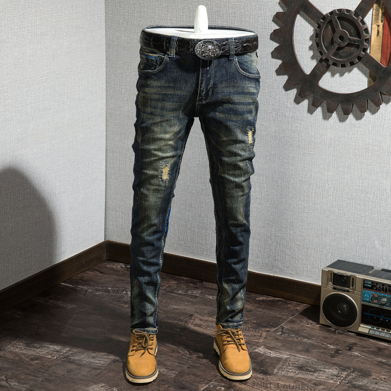 Spring and autumn new stretch slim small straight jeans men and Japanese retro casual long pants hole patch trend