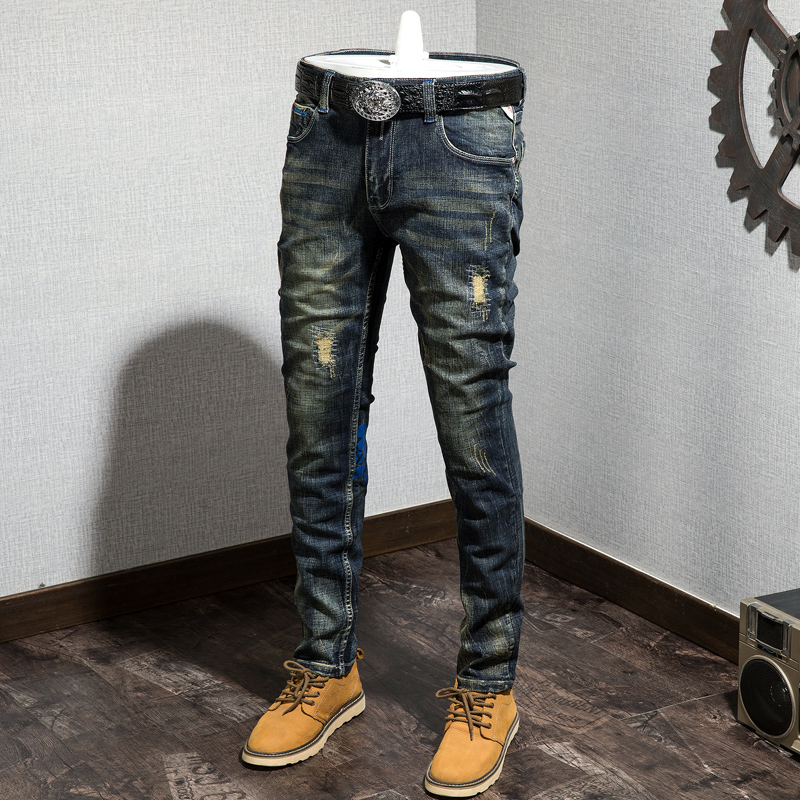 Spring and autumn new stretch slim small straight jeans men and Japanese retro casual long pants hole patch trend