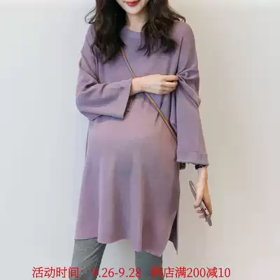 Pregnant women Autumn long sleeve knitted loose Korean autumn T-shirt skirt base shirt out purple dress