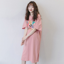 2022 new pregnant woman summer clothing T-shirt over knee long dress loose Korean version in long style dress pure cotton pink one-piece dress