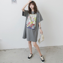 Pregnant Woman Summer Clothing Loose Cartoon Home Out Of Fashion Long short sleeve skirt pure cotton one-piece dress Summer T-shirt