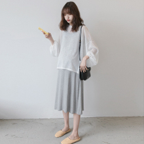 Pregnant Woman Summer Dress Fashion Loose Korean version Spring summer style dress Two sets Long style Kneecap Skirt dress Long dress Pregnancy Woman Dress