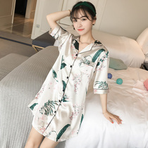 Sexy silk skirt woman summer thin short-sleeved ice silk pajamas can be loose outside in home clothes