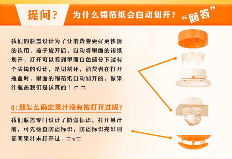 提间?为什么锡箔纸会自动划开?回答我们的瓶盖设计为了让消费者更好更快捷的饮用,盖子旋开后,自动将里面的锡纸划开,打开可以看到里面白色部分下端有个尖锐的设计,是切割环,消费者在打开瓶盖时,里面的锡箔纸自动划开的,做果汁瓶盖我们是认真的!Q:那怎么确定果汁没有被打开过呢?我们瓶盖专门设计了防盗标识,打开果汁前,可先检查防盜标识,防盜标识完好则证明果汁未打开过,-推好价 | 品质生活 精选好价