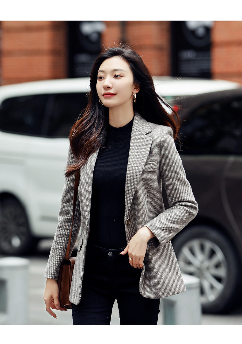 格子西装外套女秋冬韩版中长款网红英伦风休闲厚款毛呢小西服上衣