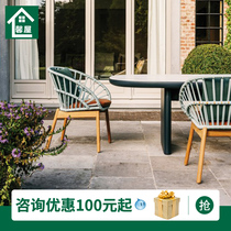 Courtyard tablesSolid teak casual round table long tablewoven knitting rope blue coffee orange residential chairs