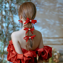 Bride red fugitive princess toast headdress 2021 new simple atmosphere red velvet bow hair accessories