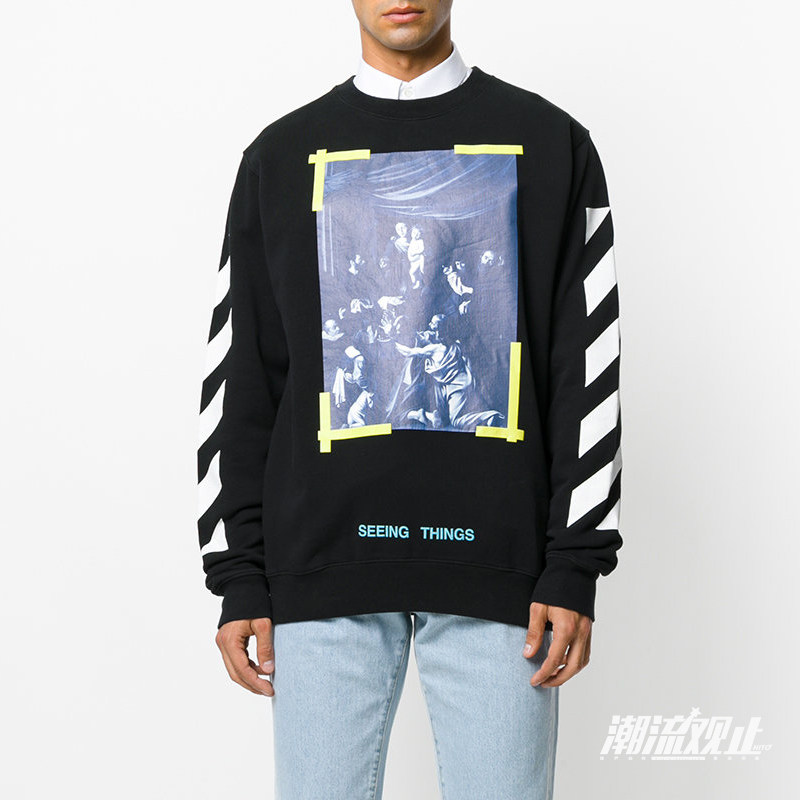 潮流观止 off white ow 黄色边框 宗教印花图案 条纹无帽卫衣外套