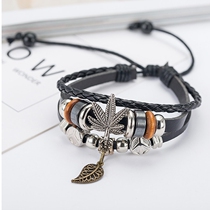 2021 National Scenic Area alloy maple leaf bracelet handmade multi-layer weaving men and women trend new student bracelet