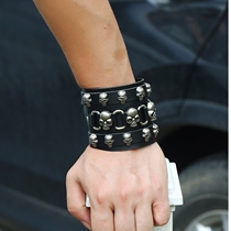 Europe and the United States non-mainstream leather trend mens wide leather skull tide hand ring bracelet fashion personality hip-hop cool trend