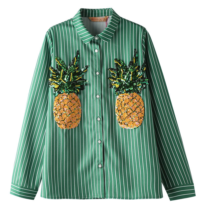 菠萝钉珠长袖条纹衬衫