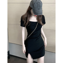 French Hepburn style square collar exposed clavicle split sexy hip dress careful machine waist showing thin black skirt female