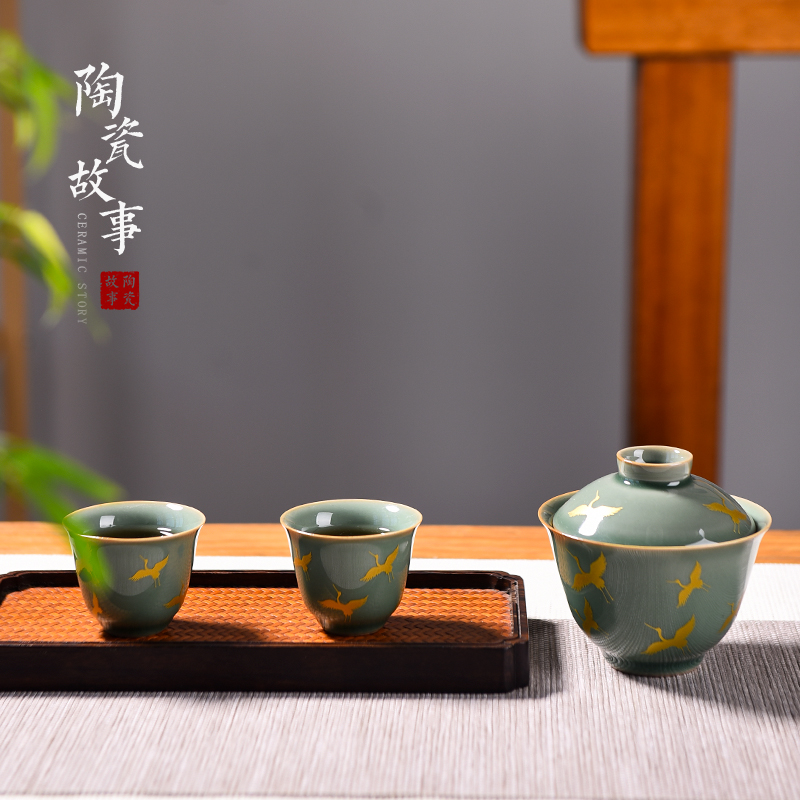 Ceramic story kung fu tea set suit small household set of tea cups high - grade office receive a visitor Ceramic tureen gift box