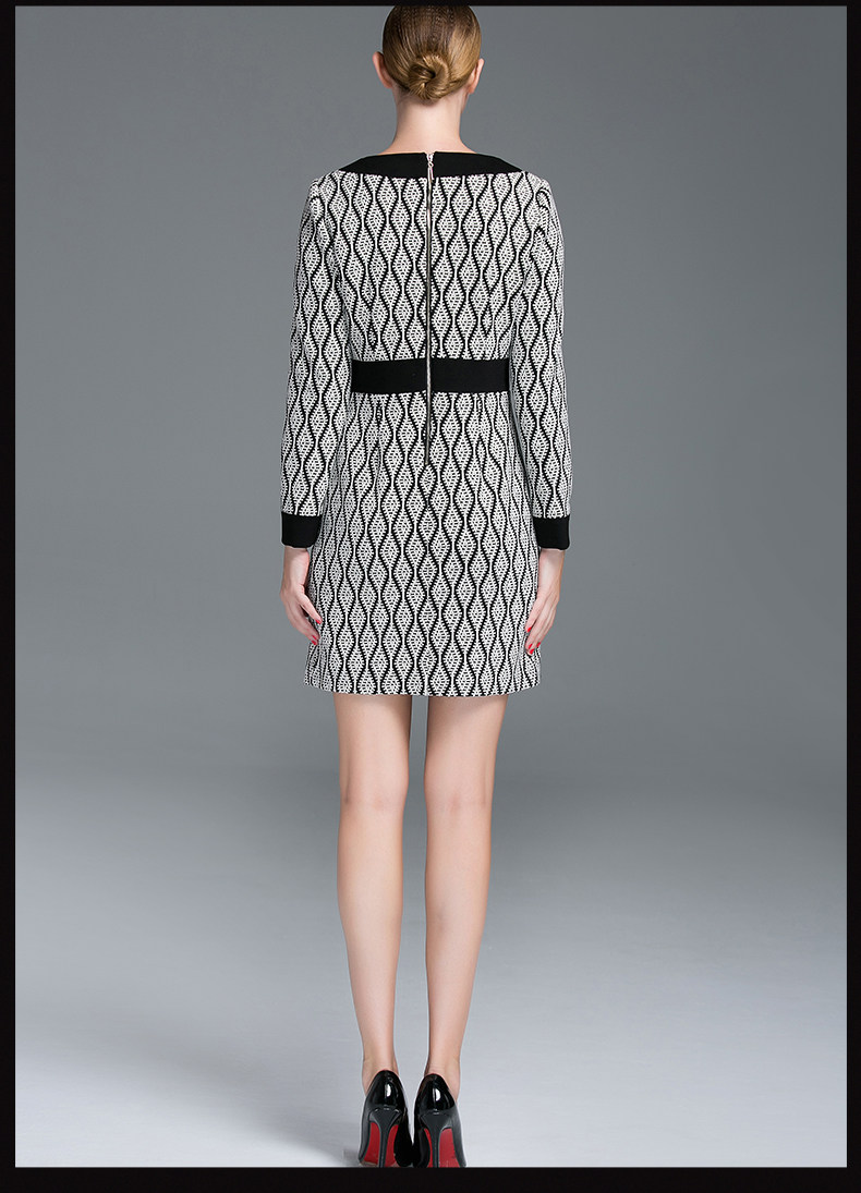 黑白色撞色v领长袖收腰显瘦ol通勤连衣裙