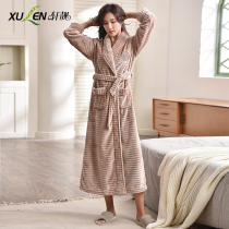 Extended pajamas flannel nightgown womens autumn and winter thickened large size Korean version of the night dress womens velvet coral velvet bathrobe