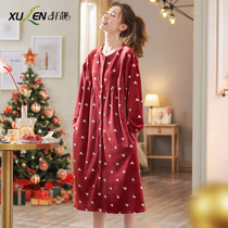 New Year pajamas nightdress women autumn and winter thick long sleeves cute sweet life year can wear island velvet housewear