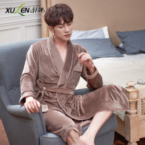 Autumn and winter flannel mens robes long mens bathrobe thin coral velvet warm pajamas bathrobe spring and autumn