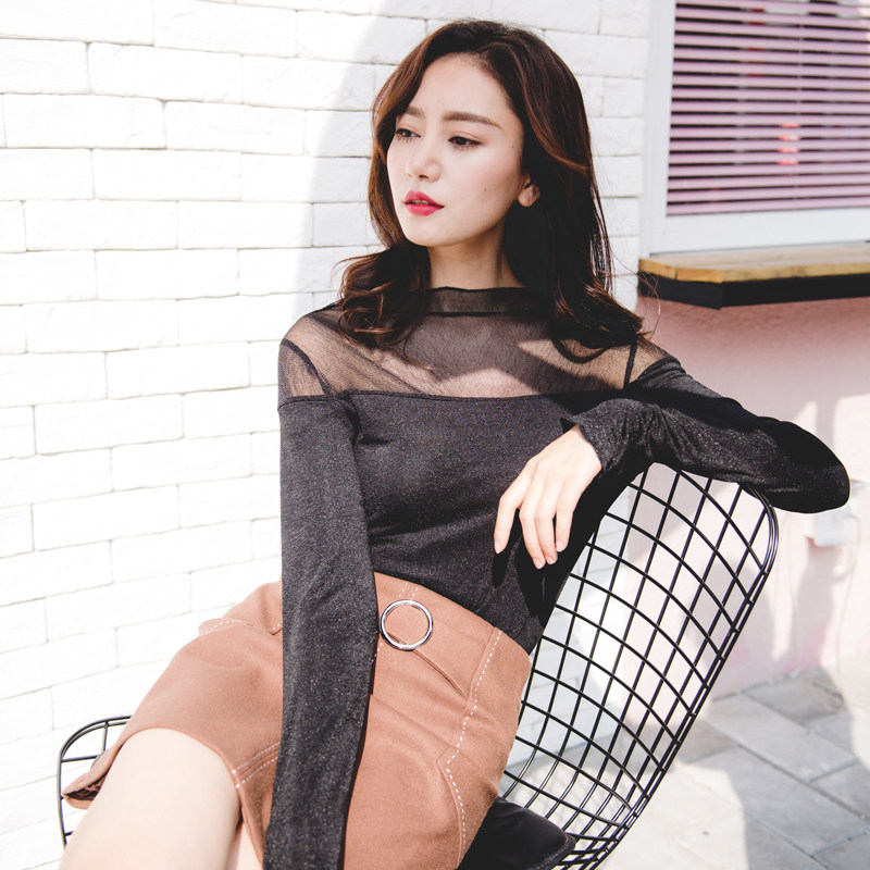 春季新款性感透明网纱打底衫女薄款透视内搭黑色亮丝长袖t恤上衣