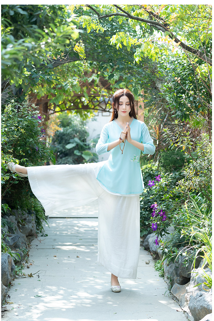 中国风唐装禅修服女春夏雪纺禅意女装茶服上衣瑜珈居士套装两件套