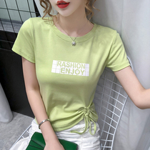 2020 new summer womens side drawstring short-sleeved t-shirt wind simple letter printing Korean slim short top