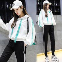 Spring and autumn long-sleeved suit Womens Korean version loose casual fashion trend Womens foreign style Hong Kong style sportswear two-piece set