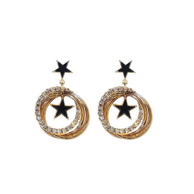 C6925 Silver Needle Moving Star Earrings Multi-layer Flash Diamond Metal Circle Studs Earrings Style Korean