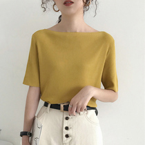One-word collar off-the-shoulder top Womens temperament wild knitted half-sleeve design niche summer ice silk short-sleeved t-shirt