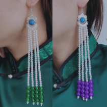 New Mongolian earrings silver needle inlaid agate long tassel ear ornaments beaded dance performance decorative ethnic earrings