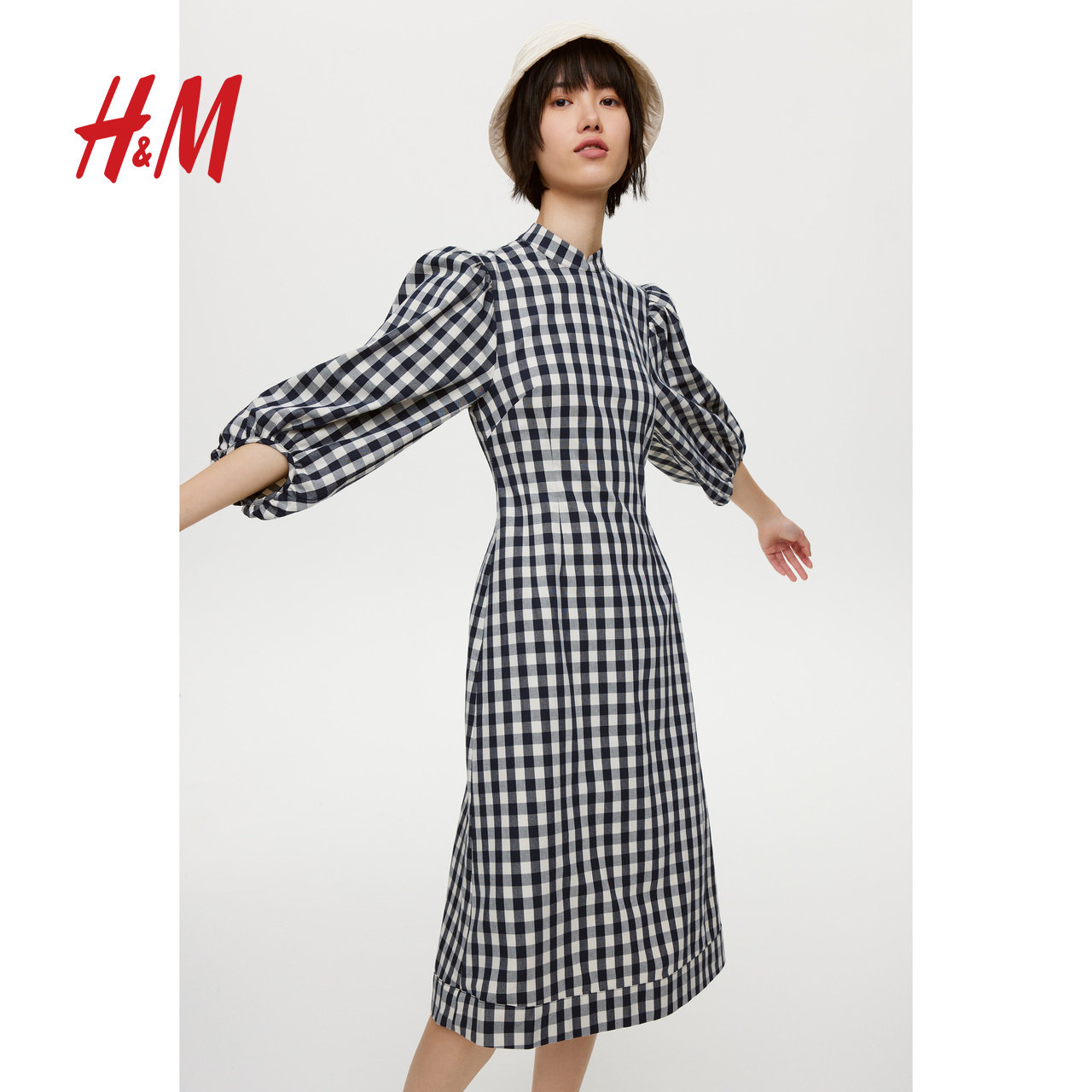 hm女装初恋裙子2021春装新款深灰蓝格子灯笼袖连衣裙0941039