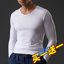 Autumn and winter modal mens long sleeve T-shirt V neck base shirt interior shirt pure white thermal underwear long sleeve