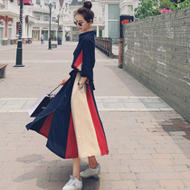 Leigh Playful Splicing of Color Long sleeves Dress Lady Spring Autumn long after knee Knees Waist Display Slim Temperament Korean Edition Loose Tide