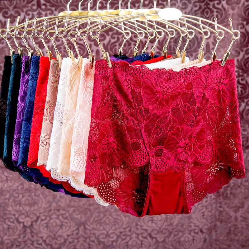 媚姬4条装 大红色本命年内裤女 蕾丝面料性感中腰三角内裤产品展示图1