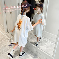 Hong Kong Girls T-shirt short sleeve medium long section 2021 childrens round neck half sleeve top Korean version of the foreign girl T-dress